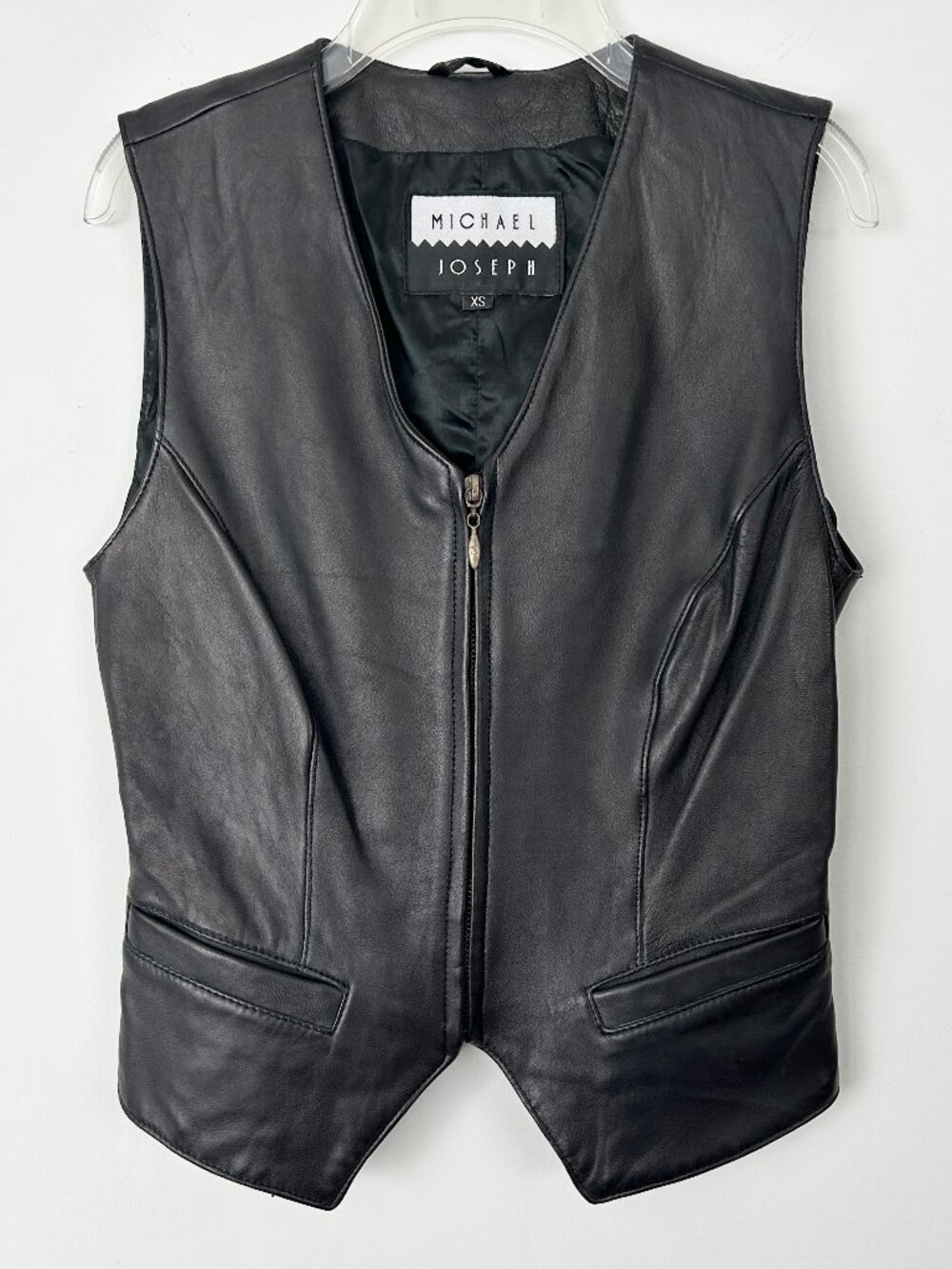 Vintage Michael Joseph Black Leather Vest Pockets Zip Motorcycle Biker Sz XS Y2K